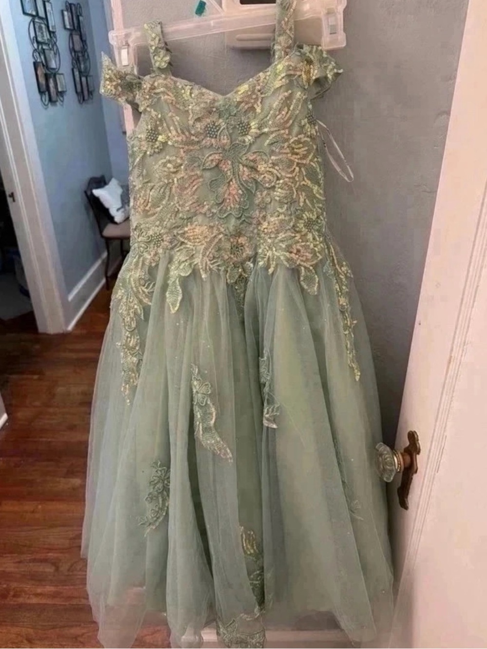 Girls Sage Green Floral Embroidered Tulle Party Dress